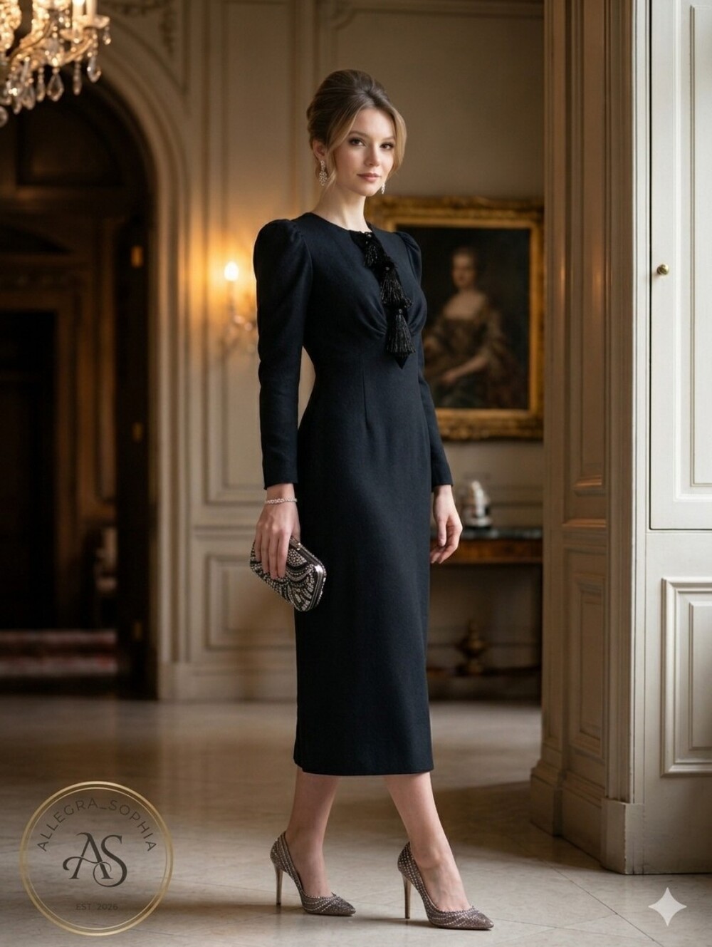 ANTONIO MELANI Alicia Tassel Crepe Black Long-Sleeve Sheath Midi Dress Size 2